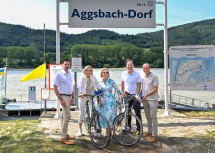 Bürgermeister Josef Kienesberger, Landeshauptfrau Johanna Mikl-Leitner, Bezirkshauptfrau Daniela Obleser, Destination Donau Niederösterreich Geschäftsführer Bernhard Schröder und Andreas Nunzer, Obmann der Wachauer Welterbegemeinden (v.l.n.r.)