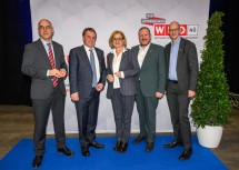 Professor Gabriel Felbermayr, Direktor des österreichischen Instituts für Wirtschaftsforschung (WIFO), WKNÖ-Präsident Wolfgang Ecker, Landeshauptfrau Johanna Mikl-Leitner, Jochen Flicker, WKNÖ-Sparte Gewerbe und Handwerk, und WKNÖ Direktor Johannes Schedlbauer (v.l.n.r.) 