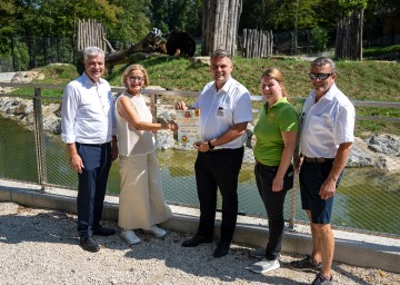 Landeshauptfrau Johanna Mikl-Leitner mit der Patenschaftsurkunde für Bär Leo im Tierpark Haag.