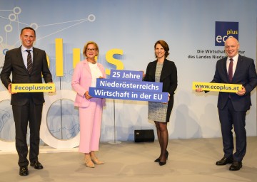 25 Jahre EU: Wie Niederösterreich profitierte. Im Bild von links nach rechts: Wirtschaftslandesrat Jochen Danninger, Landeshauptfrau Johanna Mikl-Leitner, Europaministerin Karoline Edtstadler und ecoplus-Geschäftsführer Helmut Miernicki