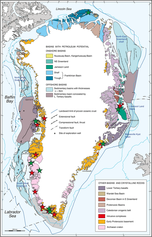Geologische Karte Grönlands mit Erdölbecken, verschiedene Arten von Bergbauprojekten sind mit Sternen markiert. Foto: Flemming G. Christiansen, 2022
